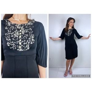 vintage 40s Black RUFFLE Silk BIB Floral Print DRESS Small draped rayon jersey